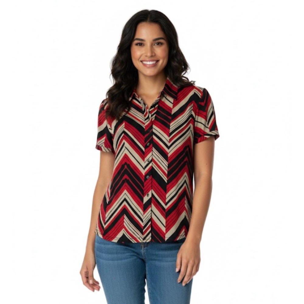 WORTHINGTON Chevron Design Blouse, No Belt, Women’s M, Black Red White